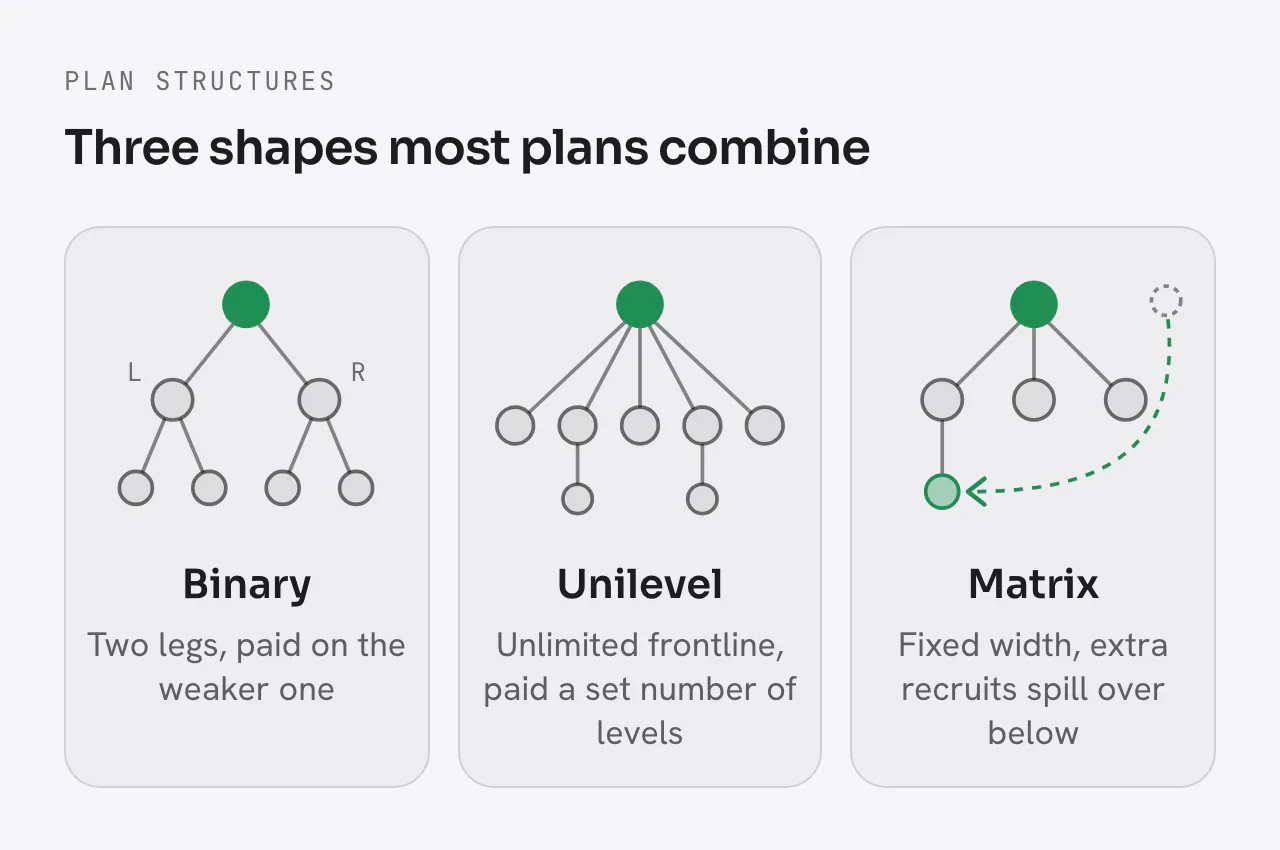 Three plan structures: binary, where each distributor has two legs and commissions pay on the weaker leg; unilevel, with unlimited frontline recruits paid a set number of levels deep; matrix, with a fixed width so extra recruits spill over to a lower level